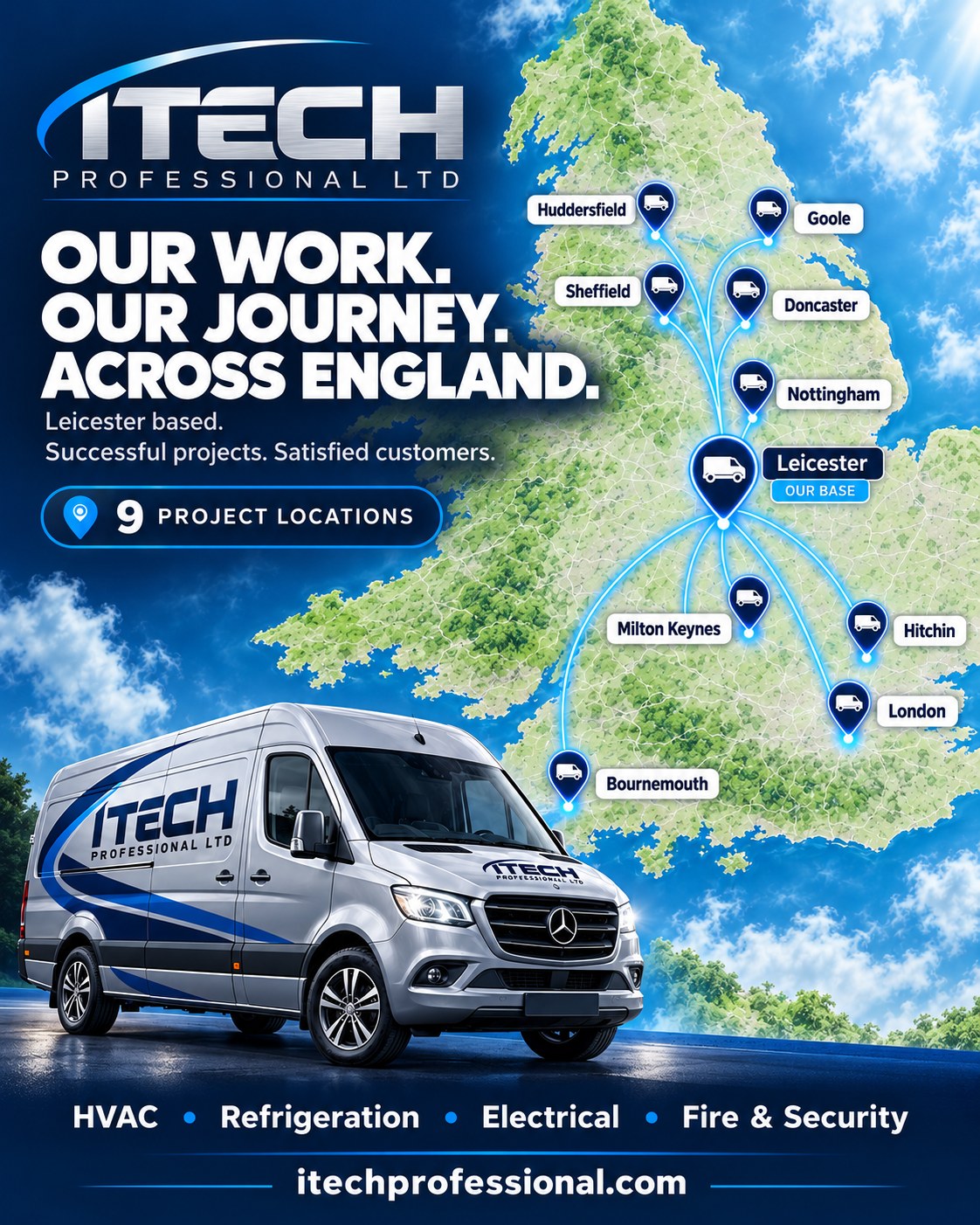 ITECH Professional journey across England: branded Sprinter van and map linking Leicester with Huddersfield, Goole, Sheffield, Doncaster, Nottingham, Milton Keynes, Hitchin, London and Bournemouth.